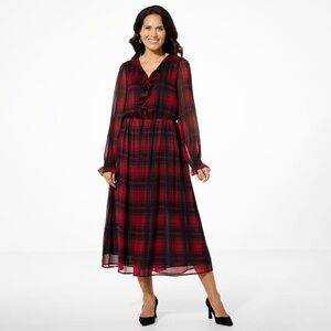 TWRHLL Christie Brinkley Buffalo Plaid Chiffon Ruffle Keyhole Midi Dress Small